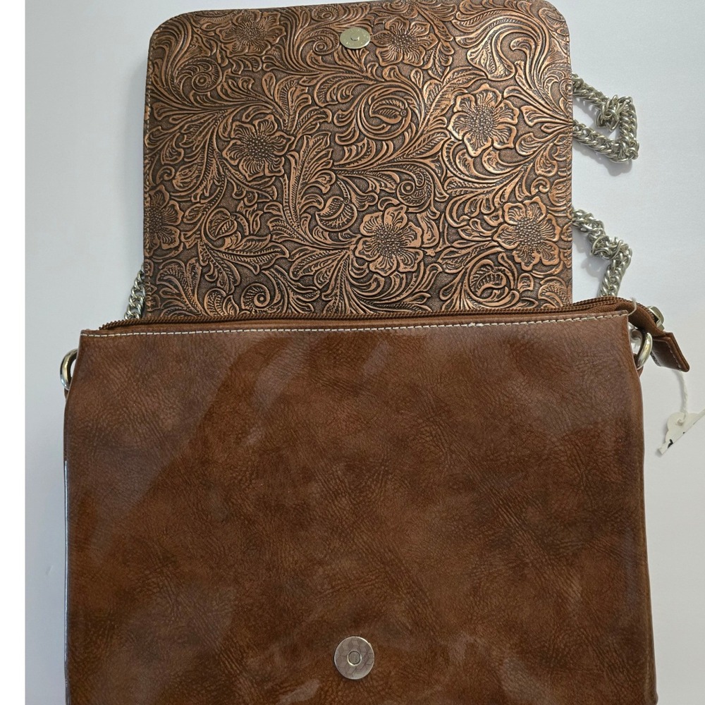 Western Embossed Buckle Crossbody Bag Bronze Brown Chain Strap w/ rhinestones - Picture 8 of 14